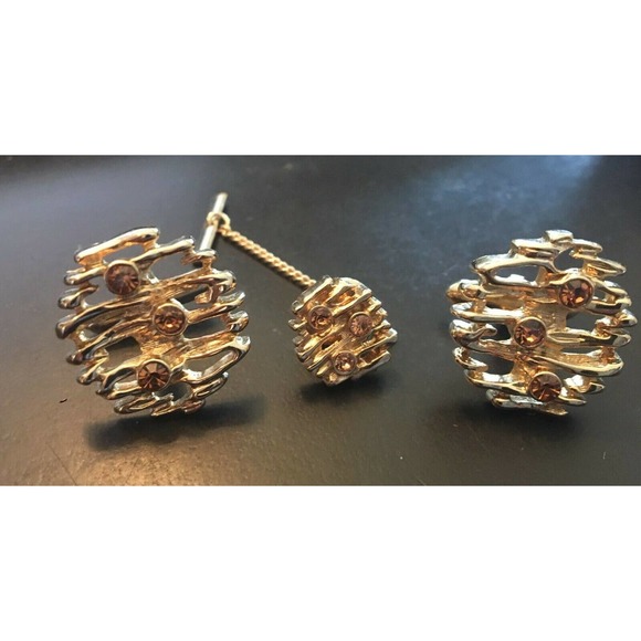 VTG Gold Tone Cufflinks and Matching Tie Pin with Rhinestone Insets - Picture 1 of 5
